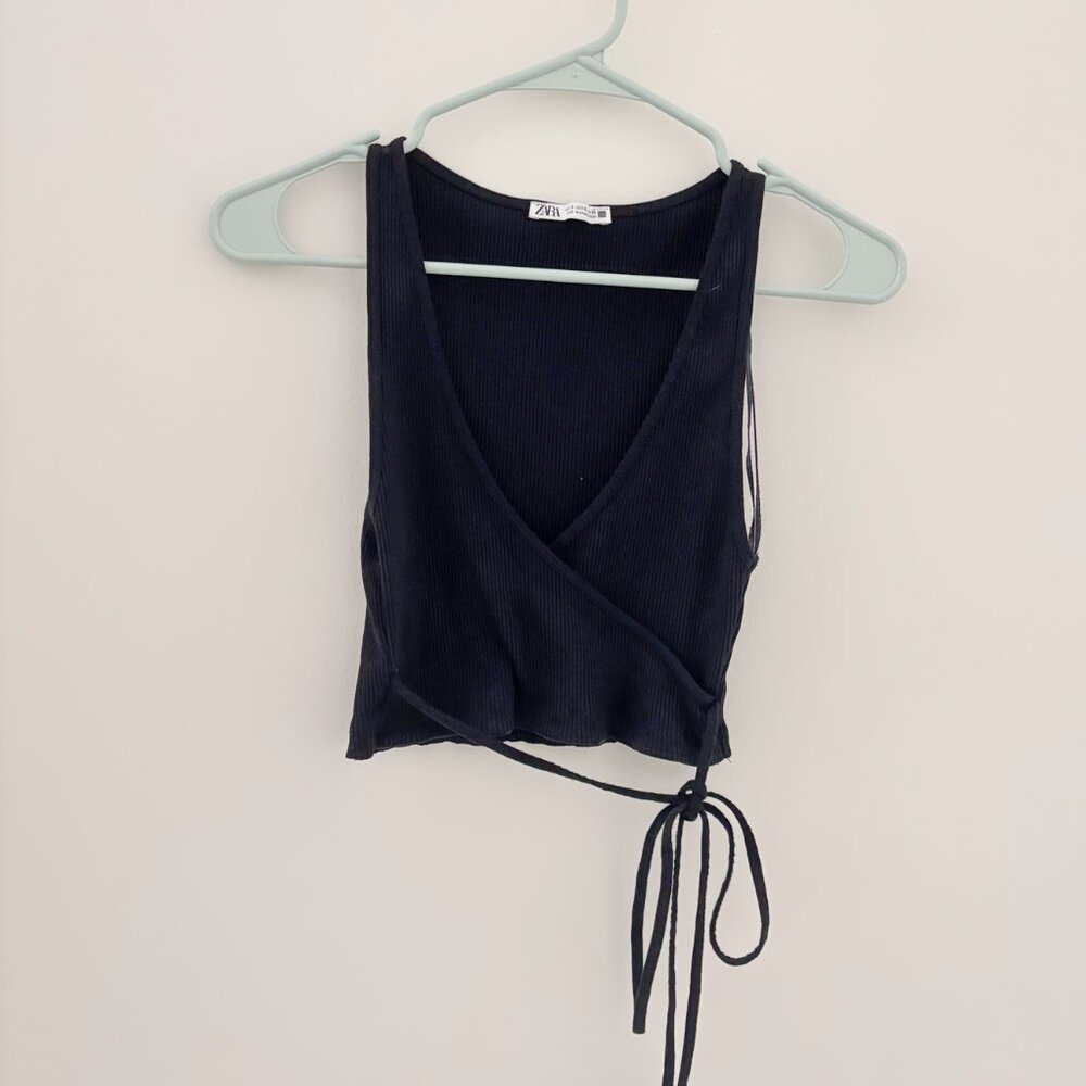 Zara Black V-Neck Ribbed Tank Top with tie Small